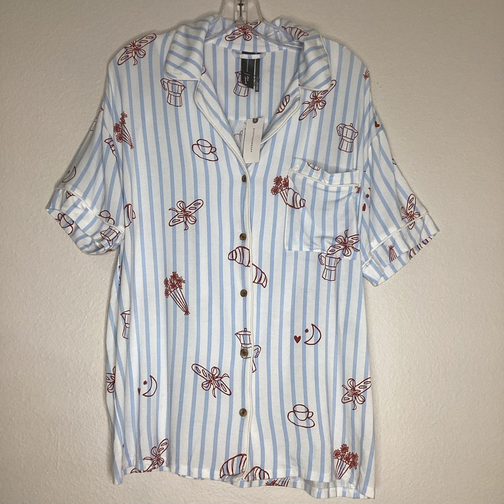 Anthropologie NEW Striped Button-Up Shirt with Red Motif NWT Sm